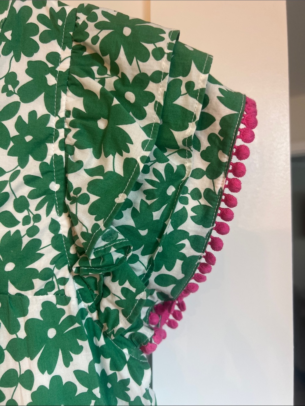 Green Floral Mini Dress with Pink Pom Trim - Picture 5 of 5